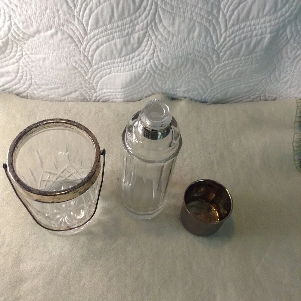 VTG 3 pc Crystal Ice Bucket/Shaker/Tongs, Barware, Tongs Made in Occupied China